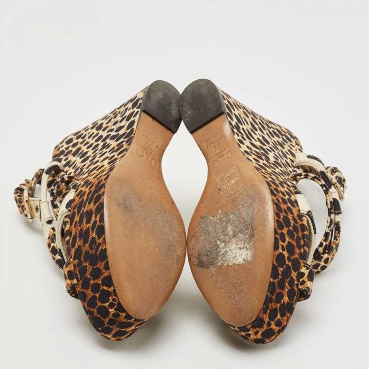 Pre Owned Dolce & Gabbana Brown/Black Leopard And Polka Print Canvas Platform Wedge Slingback Sandals Size 39