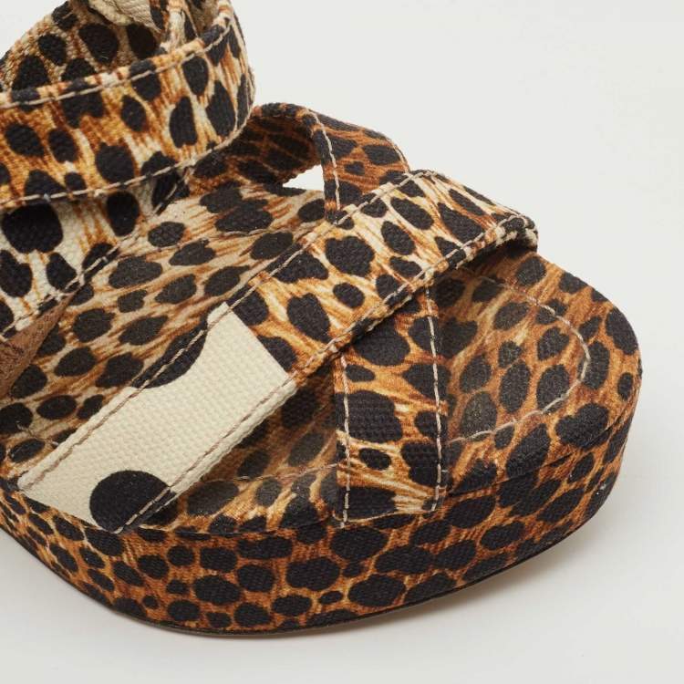 Pre Owned Dolce & Gabbana Brown/Black Leopard And Polka Print Canvas Platform Wedge Slingback Sandals Size 39