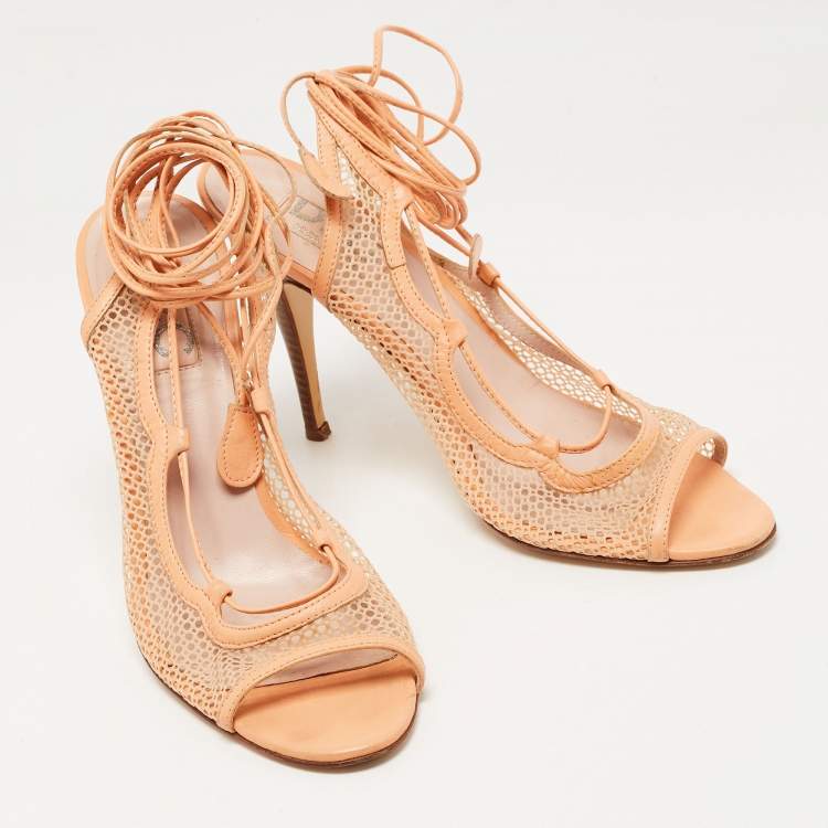 Pre Owned D&G Peach Mesh and Leather Ankle Wrap Sandals Size 40