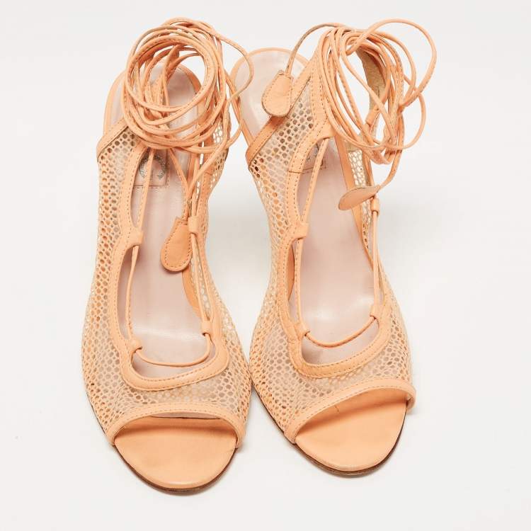 Pre Owned D&G Peach Mesh and Leather Ankle Wrap Sandals Size 40