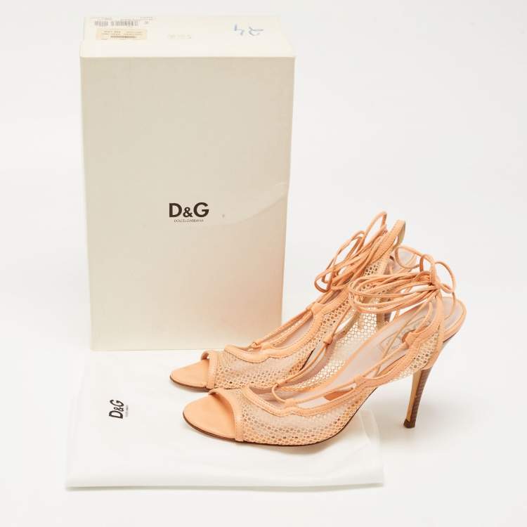 Pre Owned D&G Peach Mesh and Leather Ankle Wrap Sandals Size 40