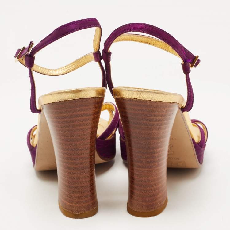 Pre Owned D&G Purple /Gold Leather Crystal Embellished Ankle Strap Block Heel Sandals Size 36
