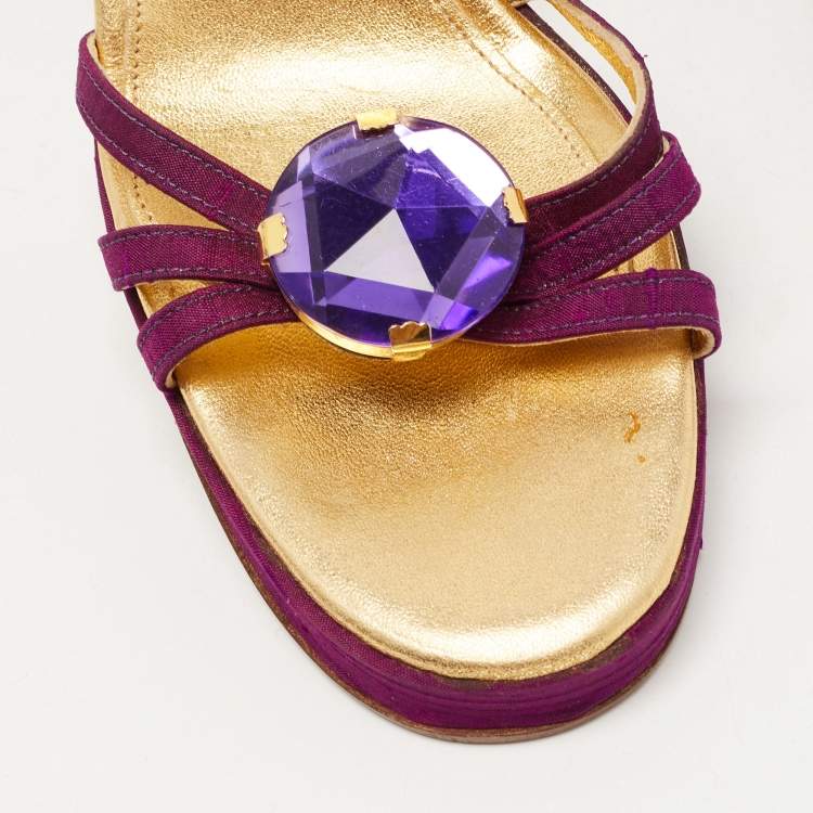 Pre Owned D&G Purple /Gold Leather Crystal Embellished Ankle Strap Block Heel Sandals Size 36