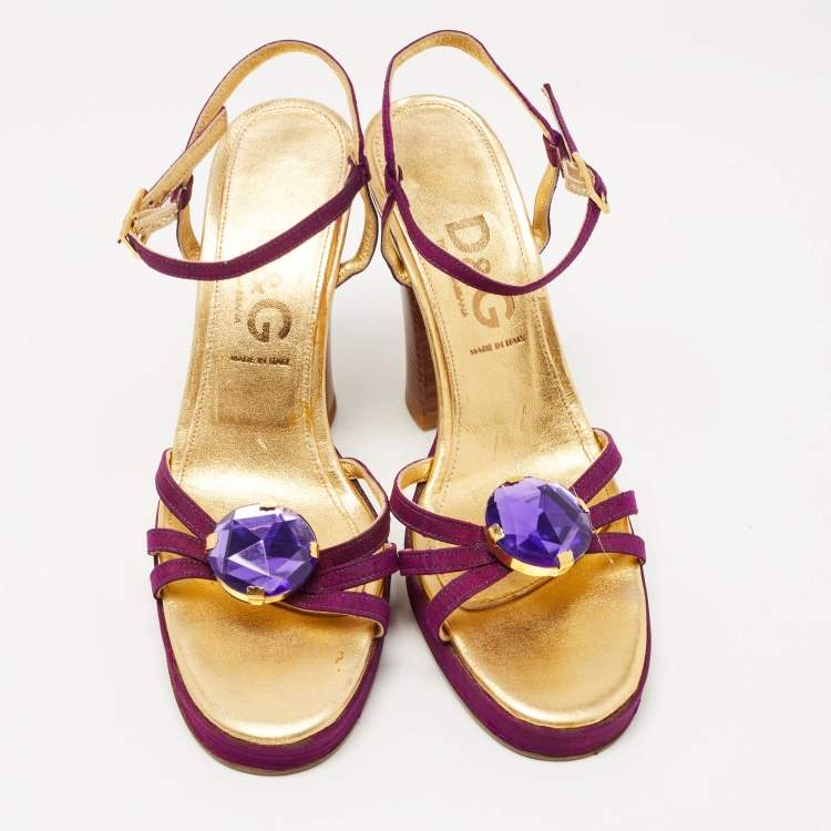 Pre Owned D&G Purple /Gold Leather Crystal Embellished Ankle Strap Block Heel Sandals Size 36