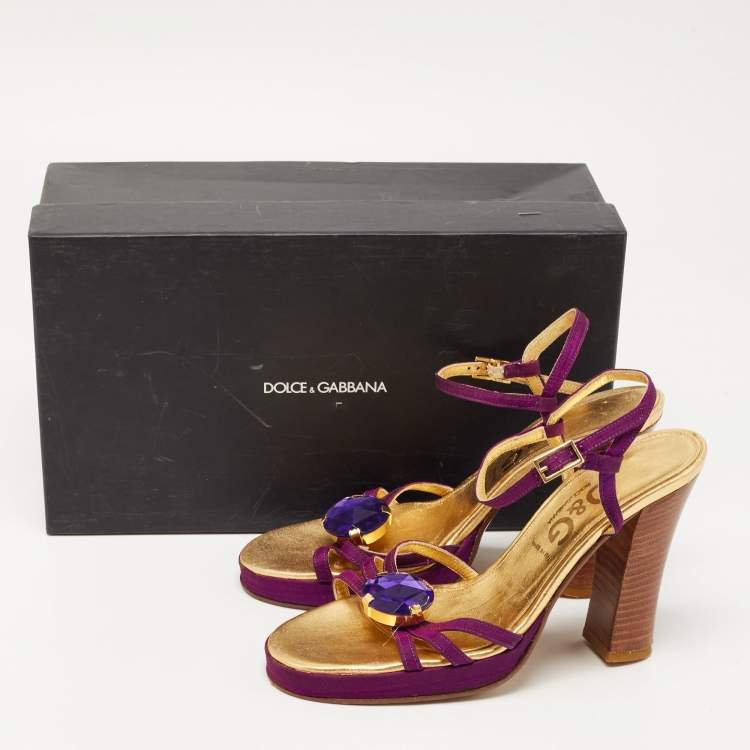 Pre Owned D&G Purple /Gold Leather Crystal Embellished Ankle Strap Block Heel Sandals Size 36