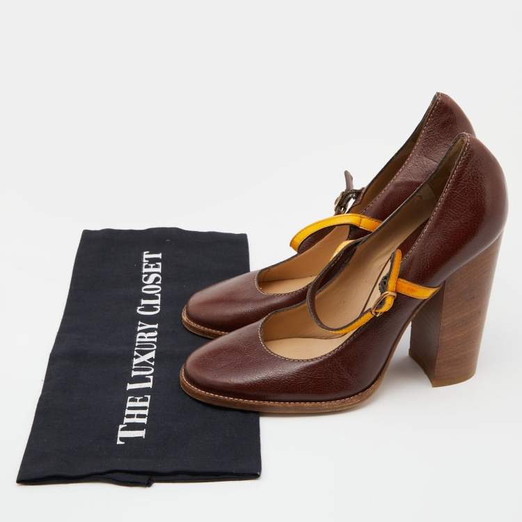 Pre Owned D&G Brown/Yellow Patent and Leather Block Heel Pumps Size 40