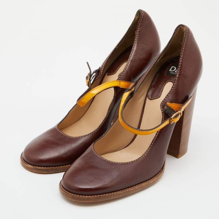 Pre Owned D&G Brown/Yellow Patent and Leather Block Heel Pumps Size 40