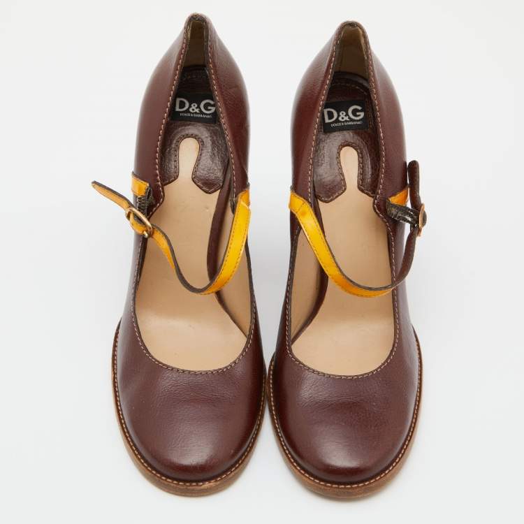 Pre Owned D&G Brown/Yellow Patent and Leather Block Heel Pumps Size 40