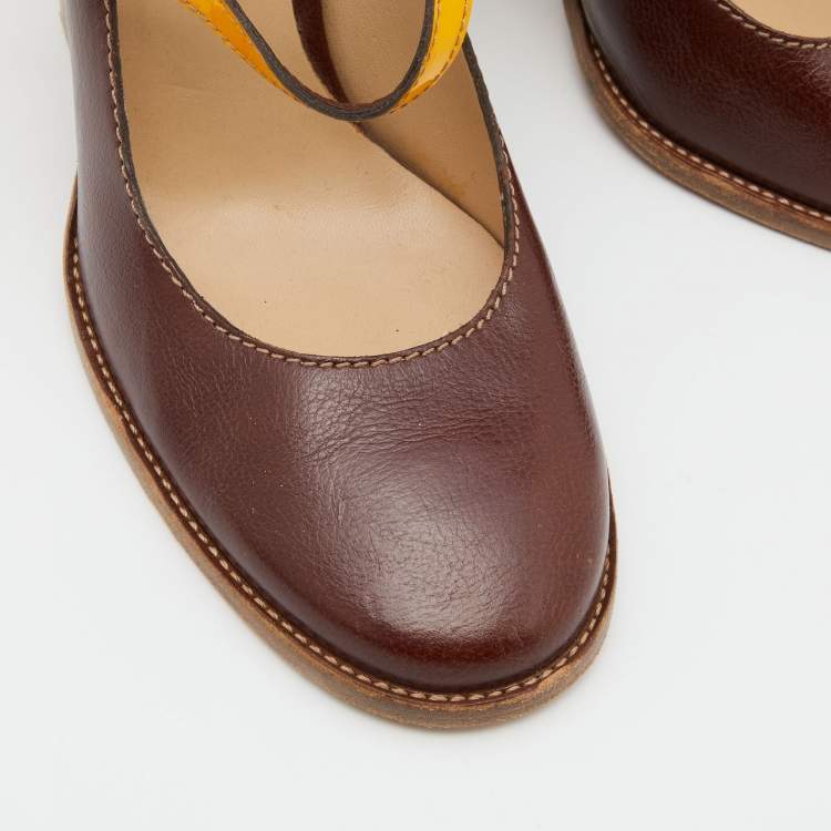 Pre Owned D&G Brown/Yellow Patent and Leather Block Heel Pumps Size 40