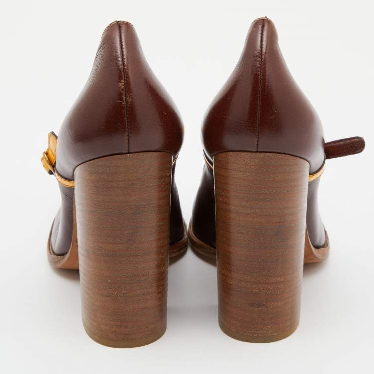 Pre Owned D&G Brown/Yellow Patent and Leather Block Heel Pumps Size 40