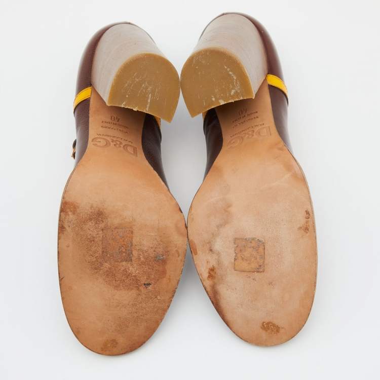 Pre Owned D&G Brown/Yellow Patent and Leather Block Heel Pumps Size 40