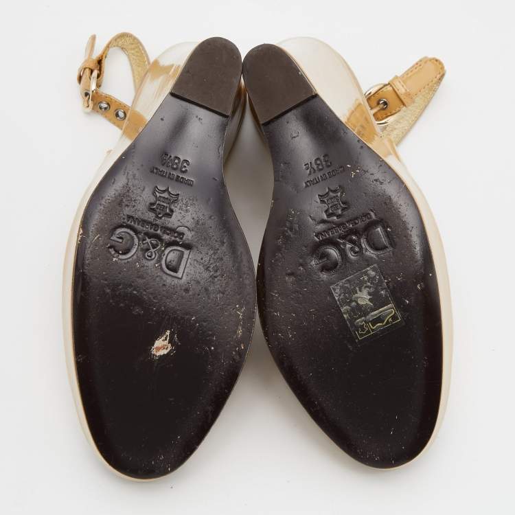 Pre Owned D&G Beige Patent Leather Peep Toe Slingback Wedge Sandals Size 38.5