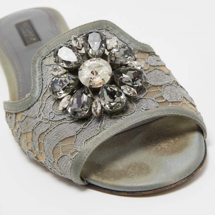 Pre Owned Dolce & Gabbana Grey Lace and Satin Crystal Embellished Flat Slides Size 39