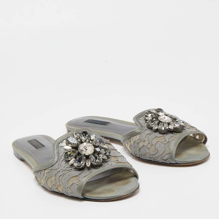 Pre Owned Dolce & Gabbana Grey Lace and Satin Crystal Embellished Flat Slides Size 39