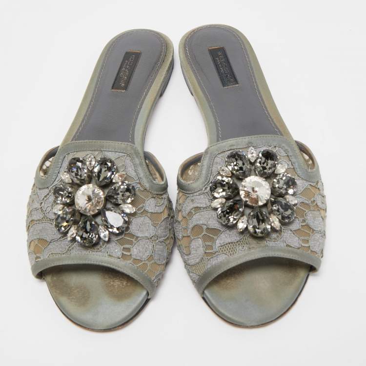 Pre Owned Dolce & Gabbana Grey Lace and Satin Crystal Embellished Flat Slides Size 39