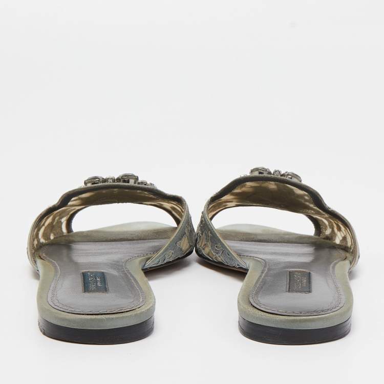 Pre Owned Dolce & Gabbana Grey Lace and Satin Crystal Embellished Flat Slides Size 39