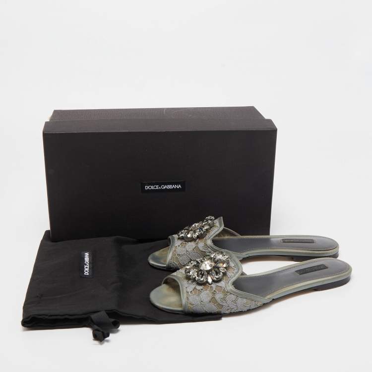 Pre Owned Dolce & Gabbana Grey Lace and Satin Crystal Embellished Flat Slides Size 39