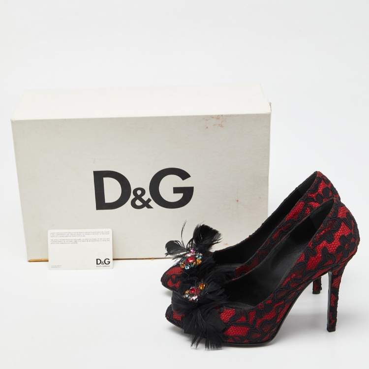 Pre Owned D&G Red/Black Feather and Crystal Embellished Lace and Satin Pumps Size 37.5