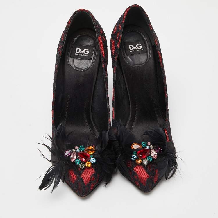 Pre Owned D&G Red/Black Feather and Crystal Embellished Lace and Satin Pumps Size 37.5