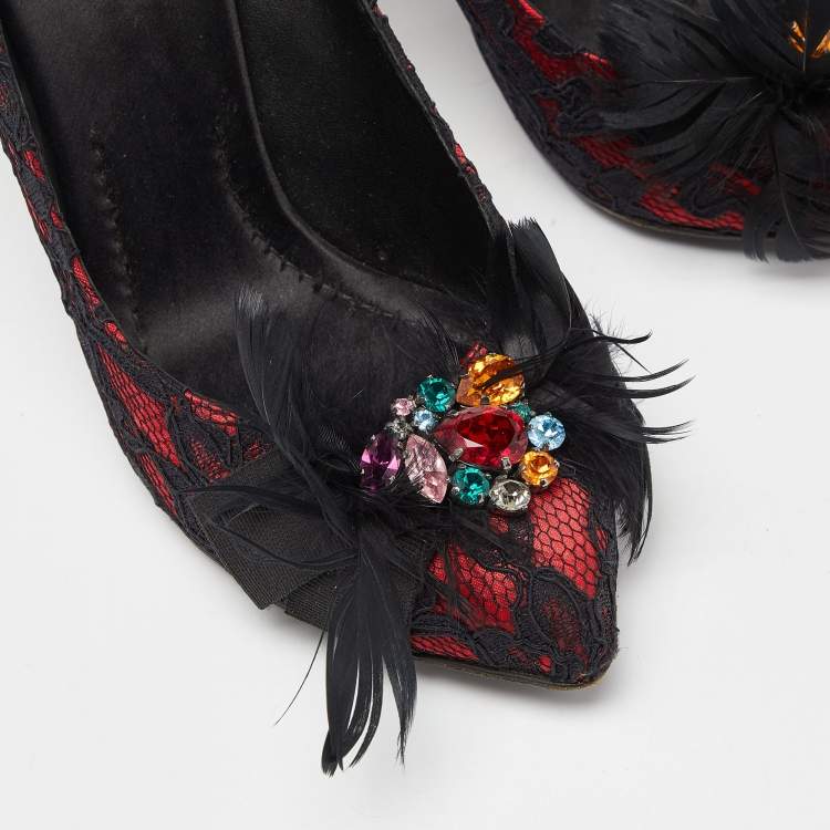 Pre Owned D&G Red/Black Feather and Crystal Embellished Lace and Satin Pumps Size 37.5