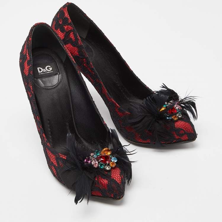 Pre Owned D&G Red/Black Feather and Crystal Embellished Lace and Satin Pumps Size 37.5