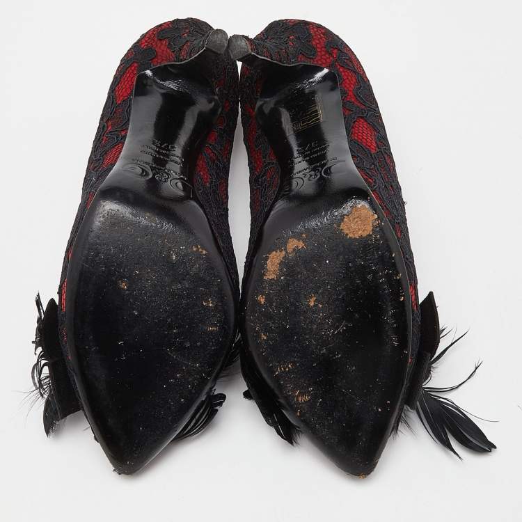 Pre Owned D&G Red/Black Feather and Crystal Embellished Lace and Satin Pumps Size 37.5