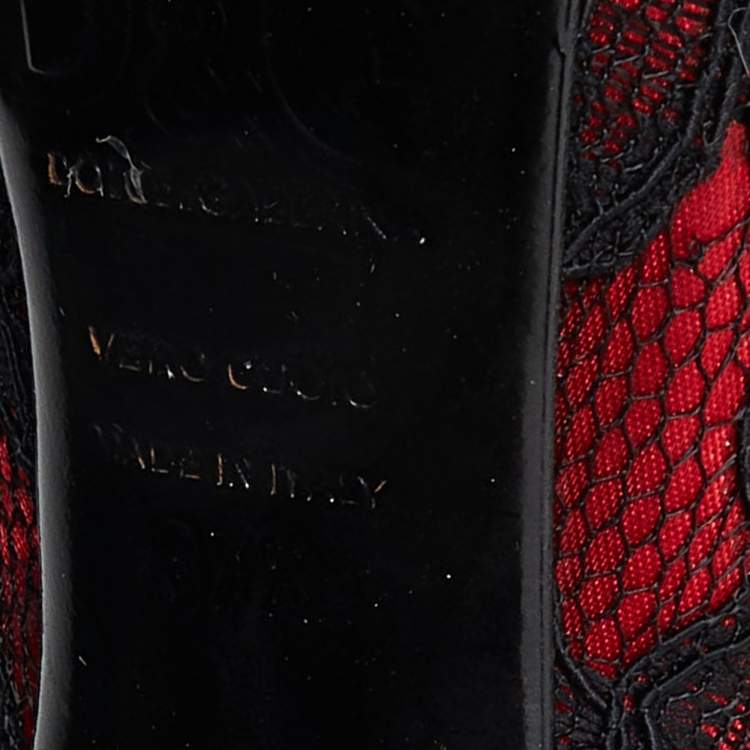 Pre Owned D&G Red/Black Feather and Crystal Embellished Lace and Satin Pumps Size 37.5