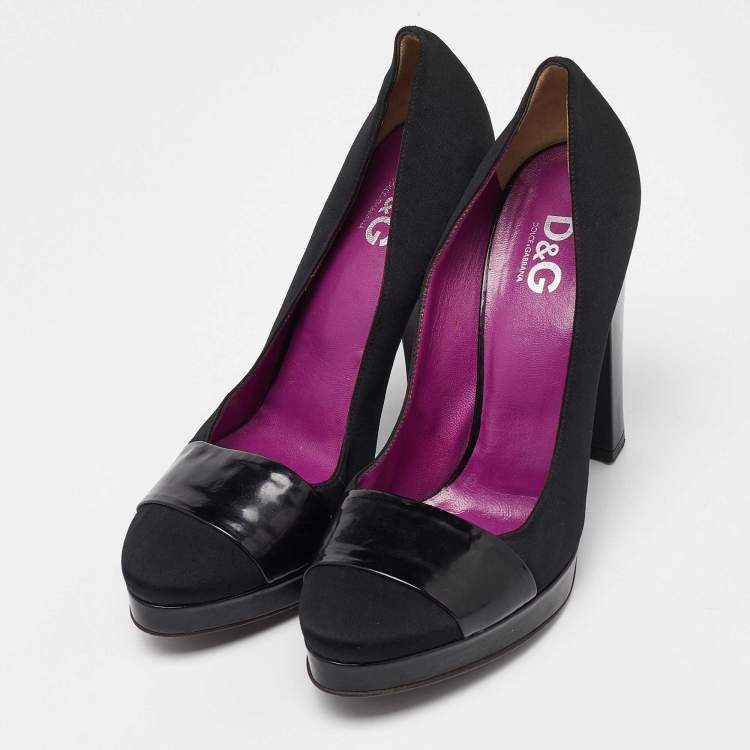 Pre Owned D&G Black Satin and Patent Leather Platform Block Heel Pumps Size 39