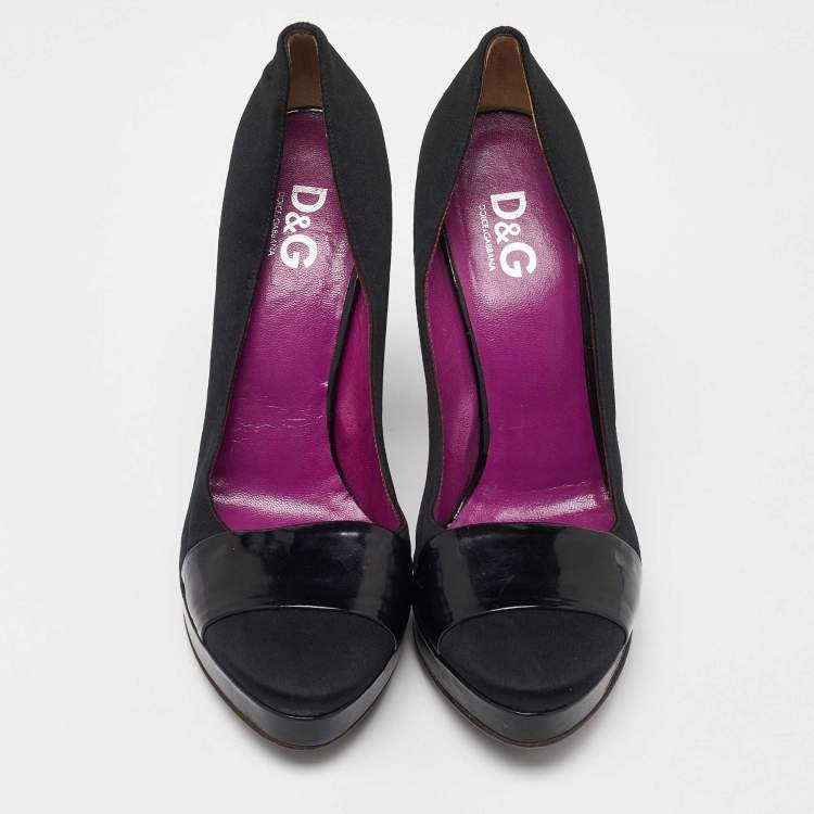 Pre Owned D&G Black Satin and Patent Leather Platform Block Heel Pumps Size 39