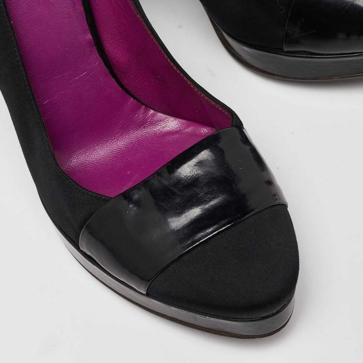 Pre Owned D&G Black Satin and Patent Leather Platform Block Heel Pumps Size 39