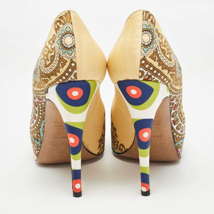 Pre Owned D&G Multicolor Printed Fabric Platform Pumps Size 36.5