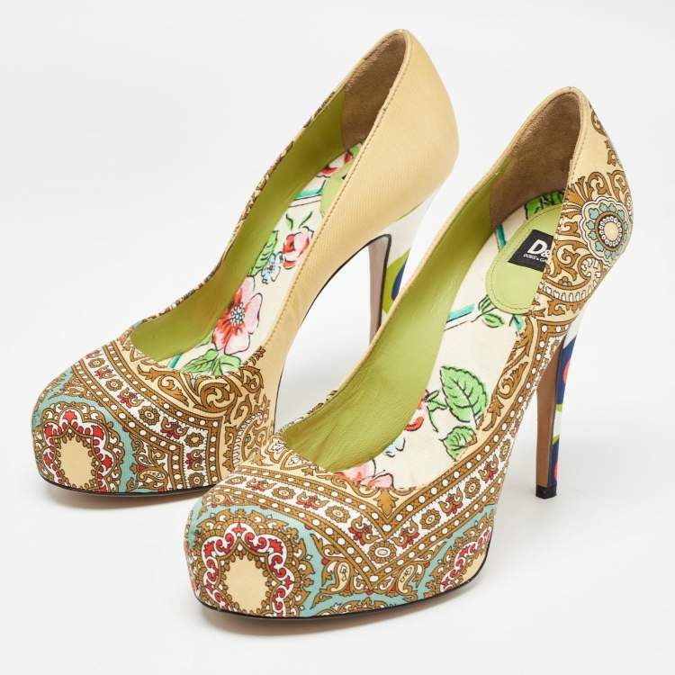 Pre Owned D&G Multicolor Printed Fabric Platform Pumps Size 36.5