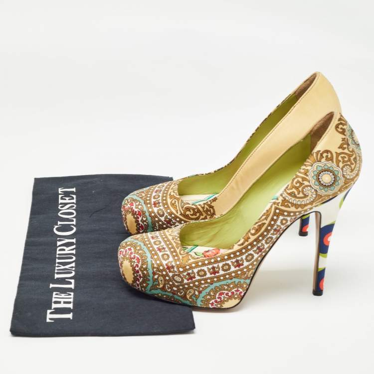 Pre Owned D&G Multicolor Printed Fabric Platform Pumps Size 36.5