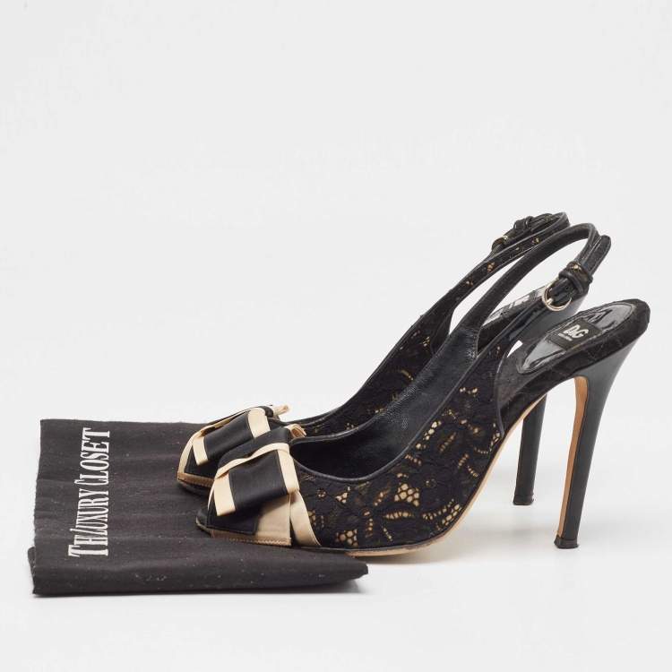 Pre Owned D&G Black Black Leather and Lace Bow Peep Toe Slingback Pumps Size 39