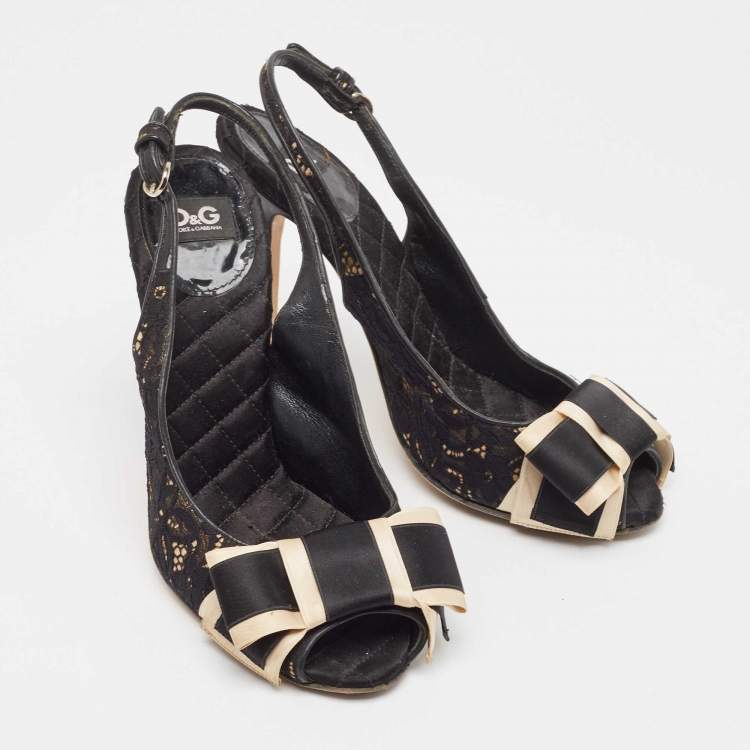 Pre Owned D&G Black Black Leather and Lace Bow Peep Toe Slingback Pumps Size 39