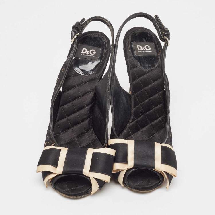Pre Owned D&G Black Black Leather and Lace Bow Peep Toe Slingback Pumps Size 39