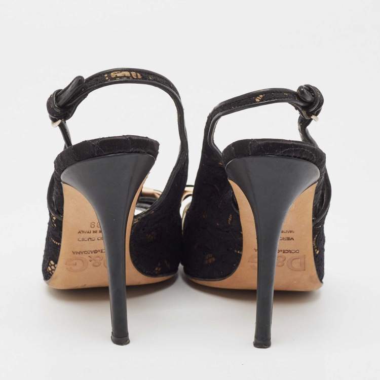 Pre Owned D&G Black Black Leather and Lace Bow Peep Toe Slingback Pumps Size 39