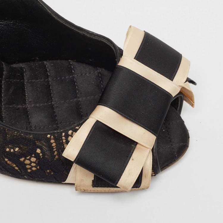 Pre Owned D&G Black Black Leather and Lace Bow Peep Toe Slingback Pumps Size 39