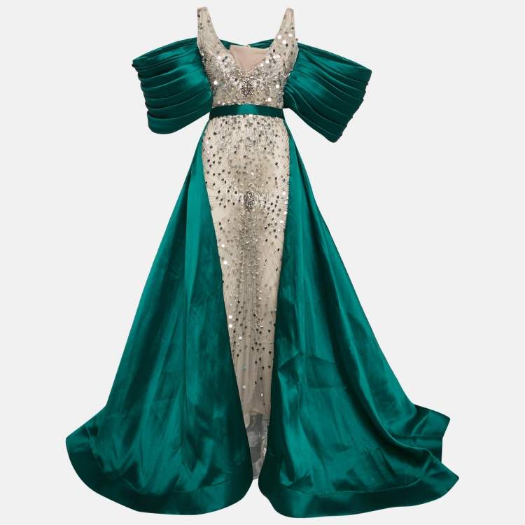Pre Owned Diana Mahrach Cream/Green Embellished Tulle and Crepe Off-Shoulder Mermaid Gown S