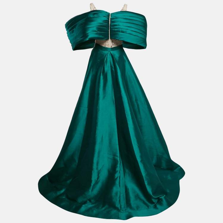 Pre Owned Diana Mahrach Cream/Green Embellished Tulle and Crepe Off-Shoulder Mermaid Gown S