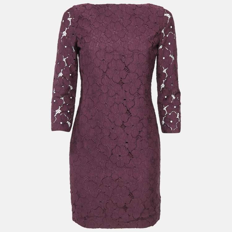 Pre Owned Diane Von Furstenberg Burgundy Sarita Flower Lace Shift Dress S