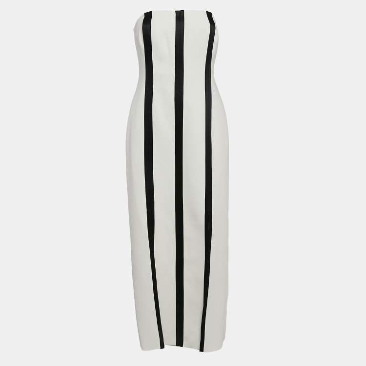 Pre Owned Diane Von Furstenberg White/Black Stripe Stretch Cotton Strapless Structured Midi Dress M
