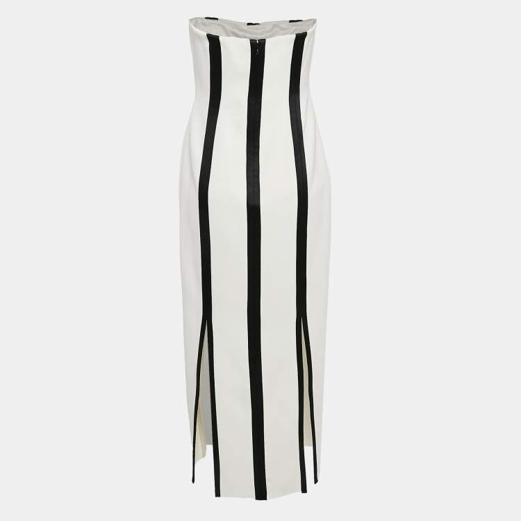 Pre Owned Diane Von Furstenberg White/Black Stripe Stretch Cotton Strapless Structured Midi Dress M