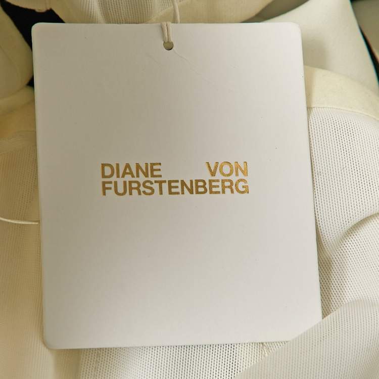 Pre Owned Diane Von Furstenberg White/Black Stripe Stretch Cotton Strapless Structured Midi Dress M