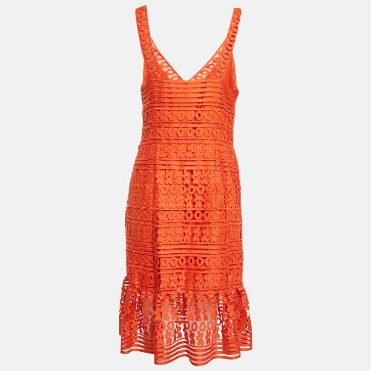 Pre Owned Diane Von Furstenberg Orange Tiana Guipure Midi Dress M