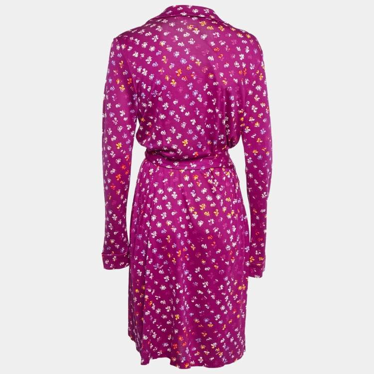 Pre Owned Diane Von Furstenberg  Magenta Pink Floral Print Silk New Jeanne Two Wrap Dress XL