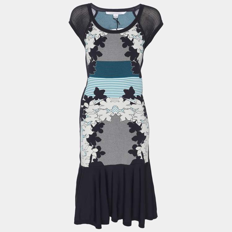 Pre Owned Diane Von Furstenberg Navy Blue/White Knit Jalen Dress S