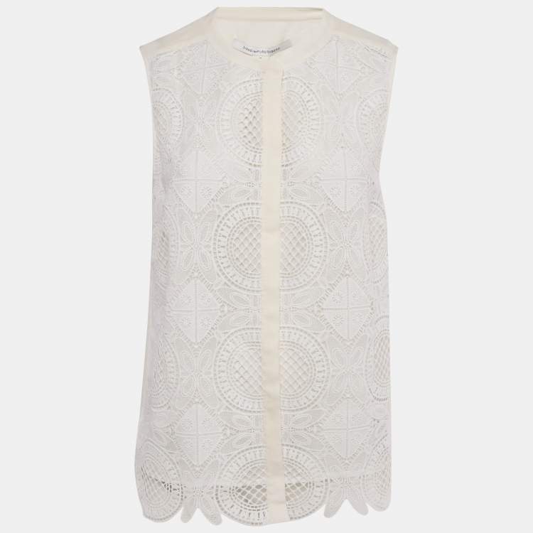 Pre Owned Diane Von Furstenberg Ivory Lace & Silk Lakyn Sleeveless Top M