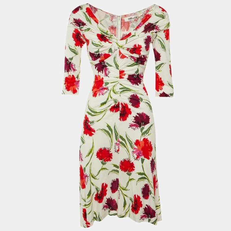 Pre Owned Diane Von Furstenberg White Floral Print Jersey Jim Midi Dress XS 