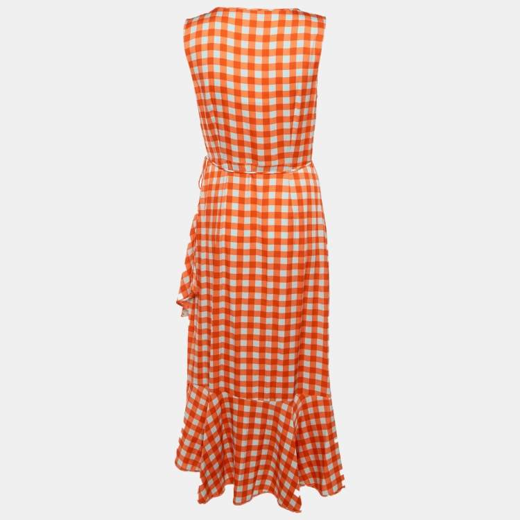 مملوكة مسبقًا Diane Von Furstenberg Orange Checkered Print Silk Asymmetric Ruffle Detail Dress L